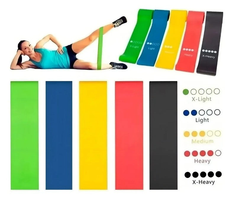 El Kit de 5 Bandas de Resistencia es perfecto para fortalecer piernas, glúteos, brazos y todo tu cuerpo sin necesidad de gimnasio