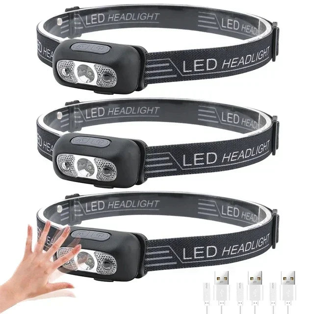 Linterna Frontal LED Recargable con Sensor – Luz Potente para Camping, Pesca y Actividades Nocturnas