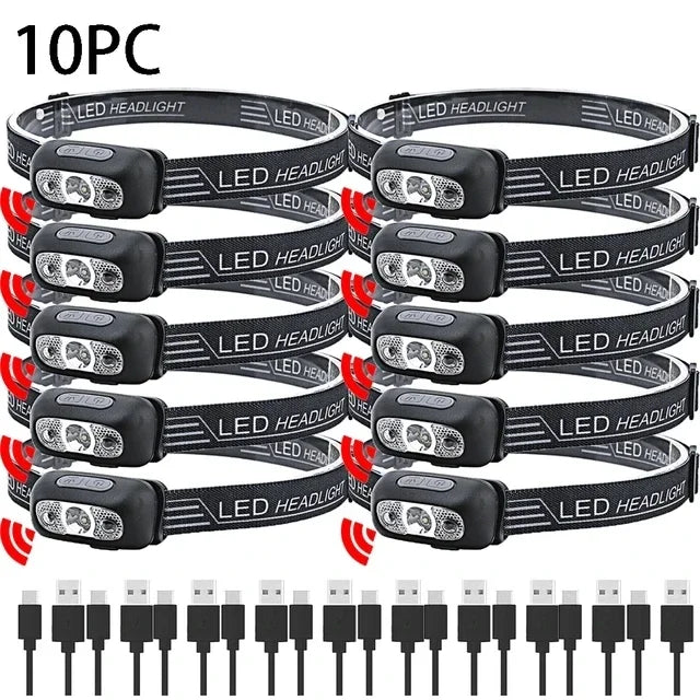 Linterna Frontal LED Recargable con Sensor – Luz Potente para Camping, Pesca y Actividades Nocturnas