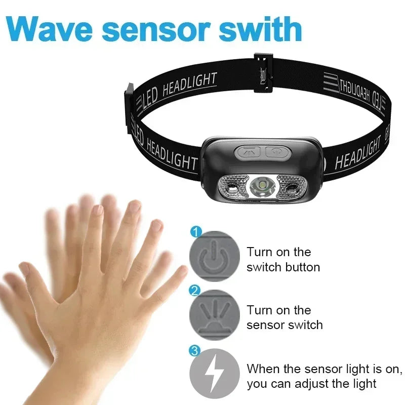 Linterna Frontal LED Recargable con Sensor – Luz Potente para Camping, Pesca y Actividades Nocturnas