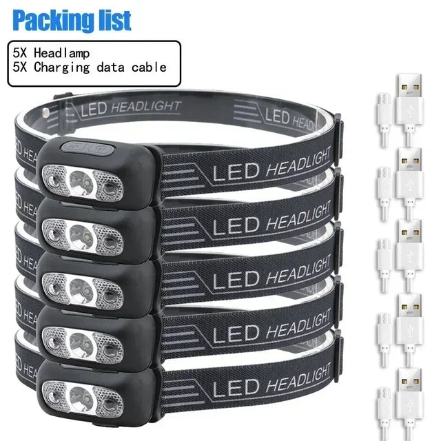 Linterna Frontal LED Recargable con Sensor – Luz Potente para Camping, Pesca y Actividades Nocturnas