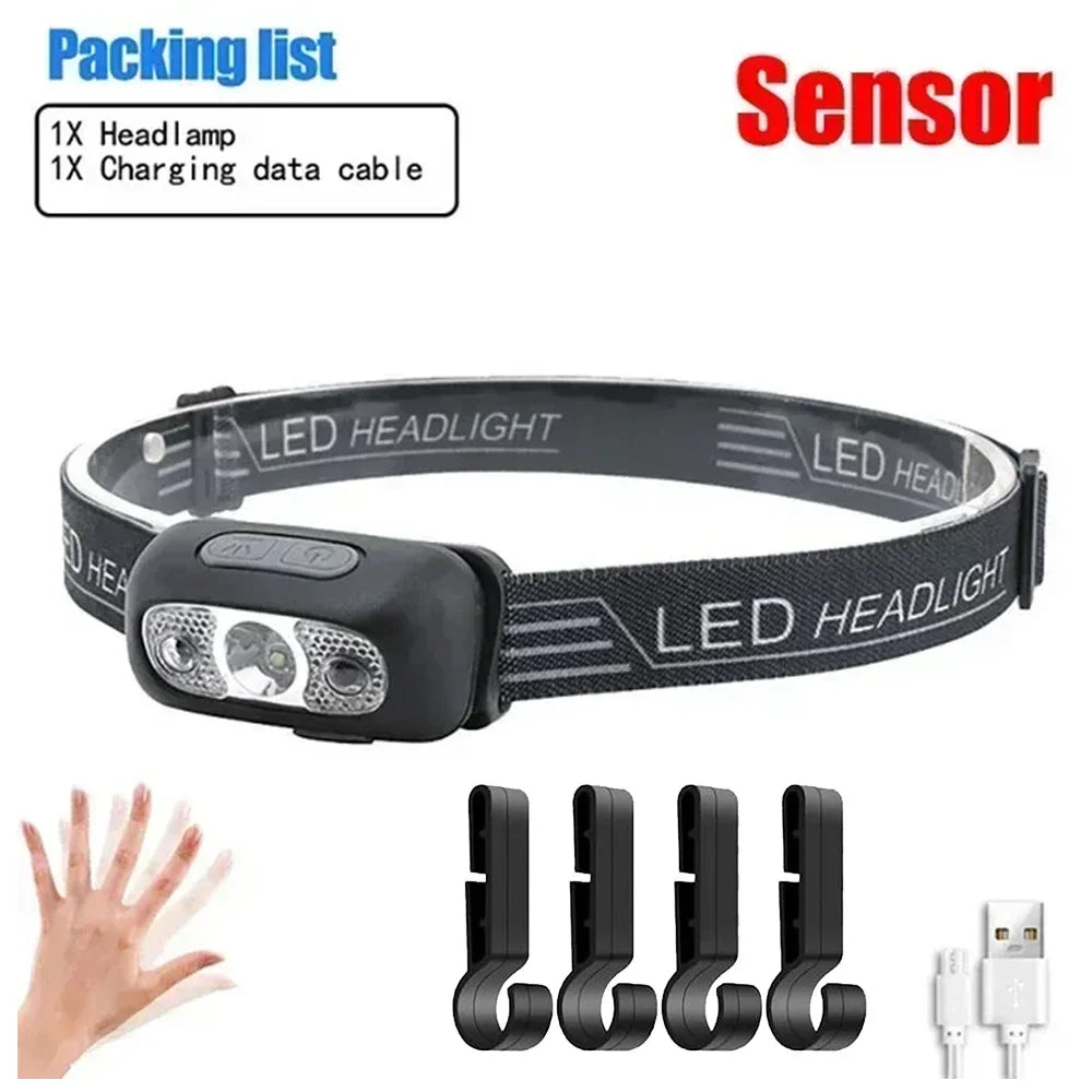 Linterna Frontal LED Recargable con Sensor – Luz Potente para Camping, Pesca y Actividades Nocturnas