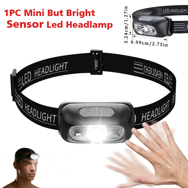 Linterna Frontal LED Recargable con Sensor – Luz Potente para Camping, Pesca y Actividades Nocturnas