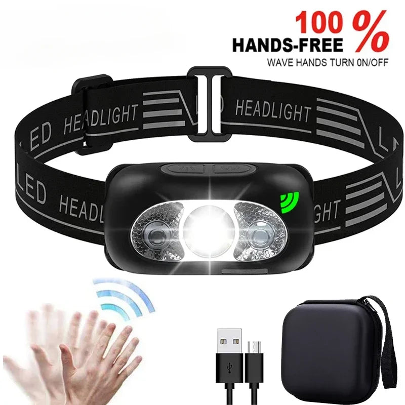 Linterna Frontal LED Recargable con Sensor – Luz Potente para Camping, Pesca y Actividades Nocturnas