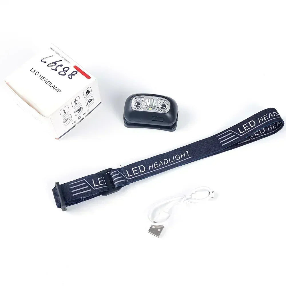 Linterna Frontal LED Recargable con Sensor – Luz Potente para Camping, Pesca y Actividades Nocturnas
