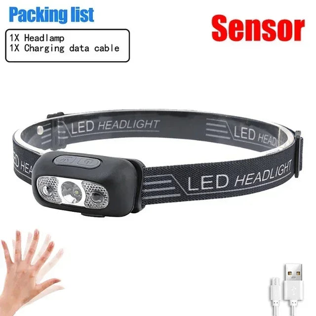 Linterna Frontal LED Recargable con Sensor – Luz Potente para Camping, Pesca y Actividades Nocturnas