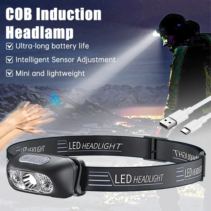 Linterna Frontal LED Recargable con Sensor – Luz Potente para Camping, Pesca y Actividades Nocturnas