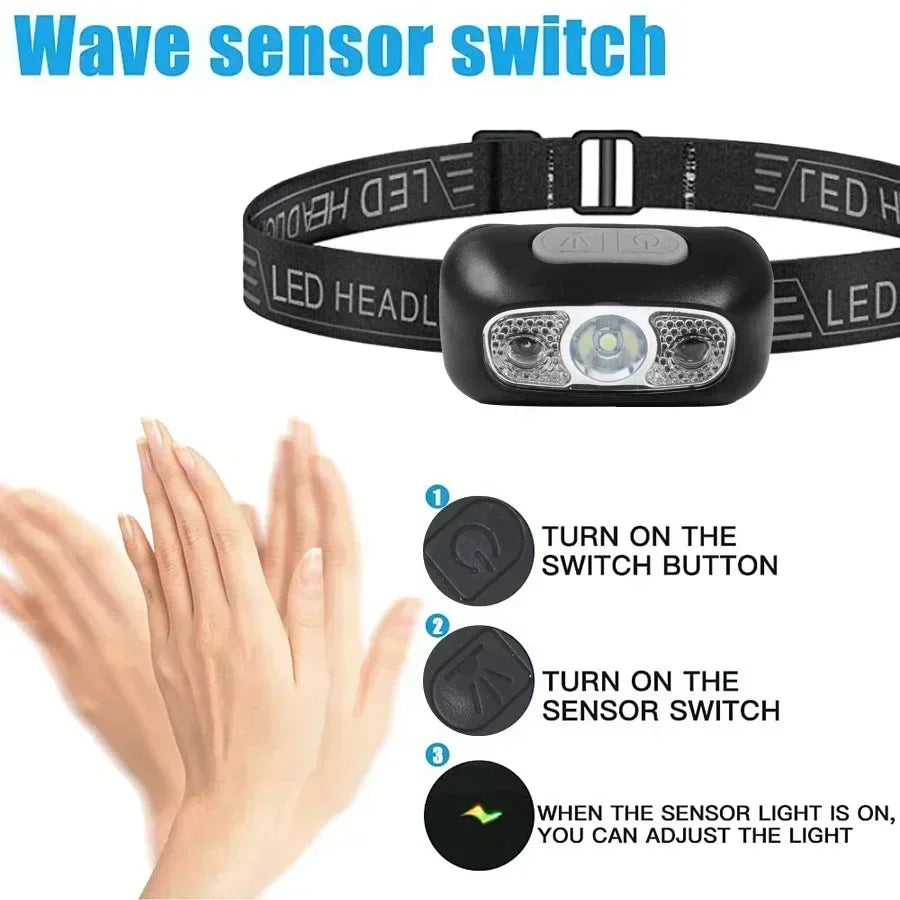 Linterna Frontal LED Recargable con Sensor – Luz Potente para Camping, Pesca y Actividades Nocturnas