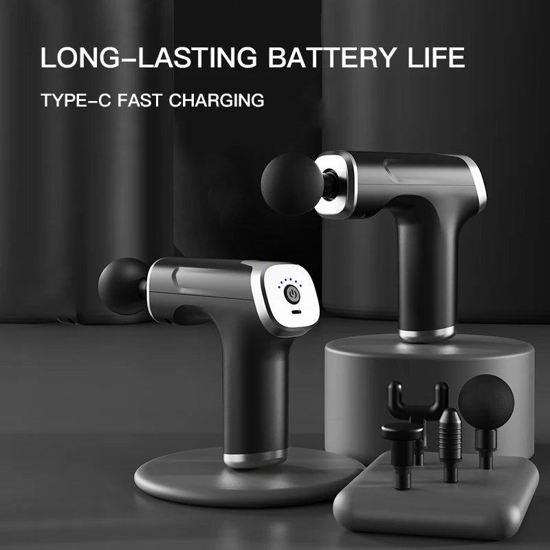 Pistola de Masaje Muscular Mini – Masajeador de Percusión Portátil con 4 Cabezales y 6 Velocidades