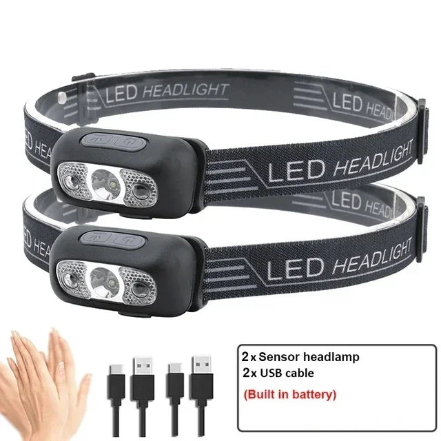Linterna Frontal LED Recargable con Sensor – Luz Potente para Camping, Pesca y Actividades Nocturnas