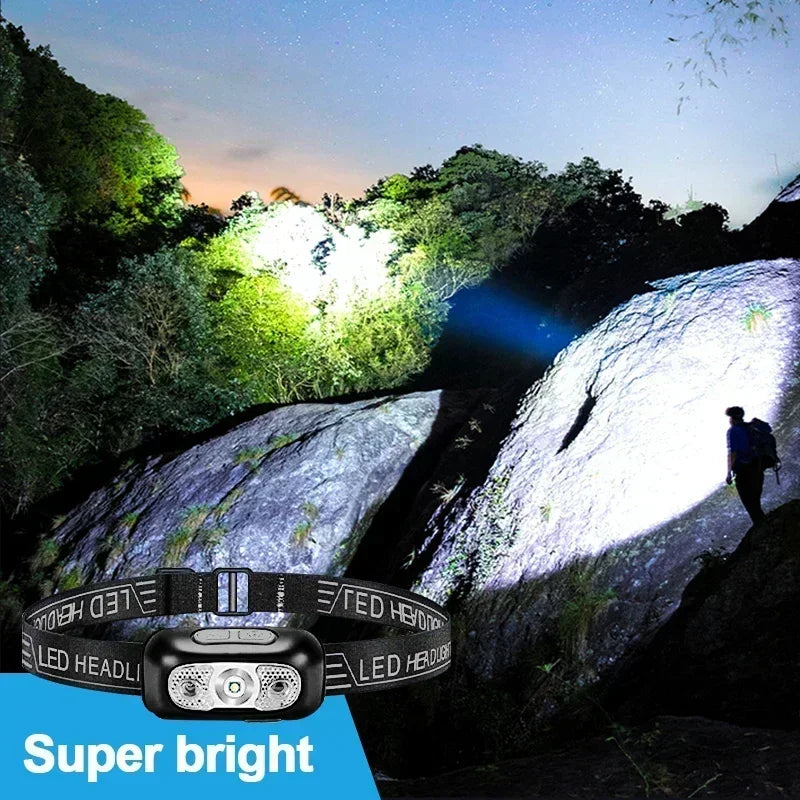 Linterna Frontal LED Recargable con Sensor – Luz Potente para Camping, Pesca y Actividades Nocturnas